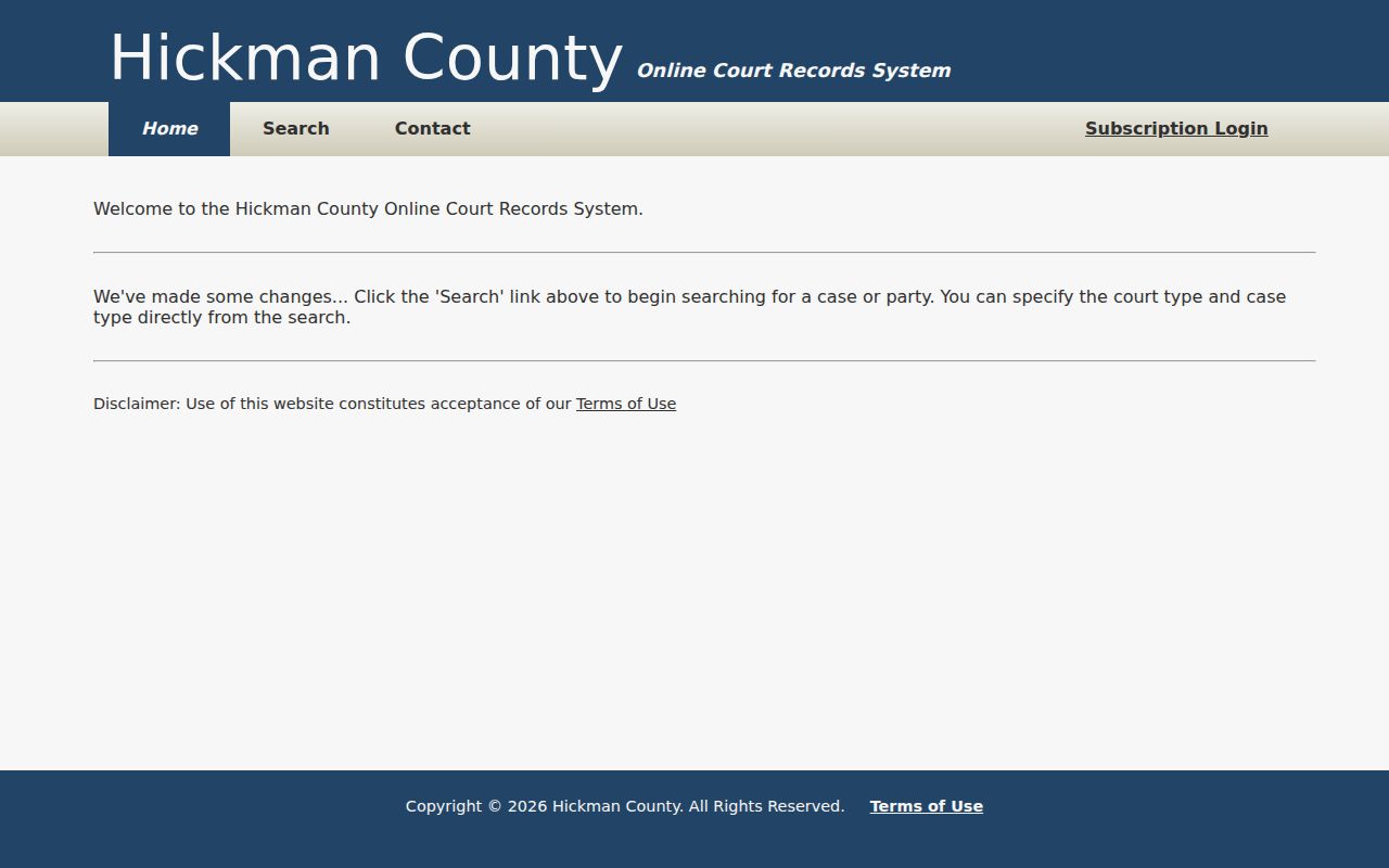 Hickman County Online Court Records public search landing screen