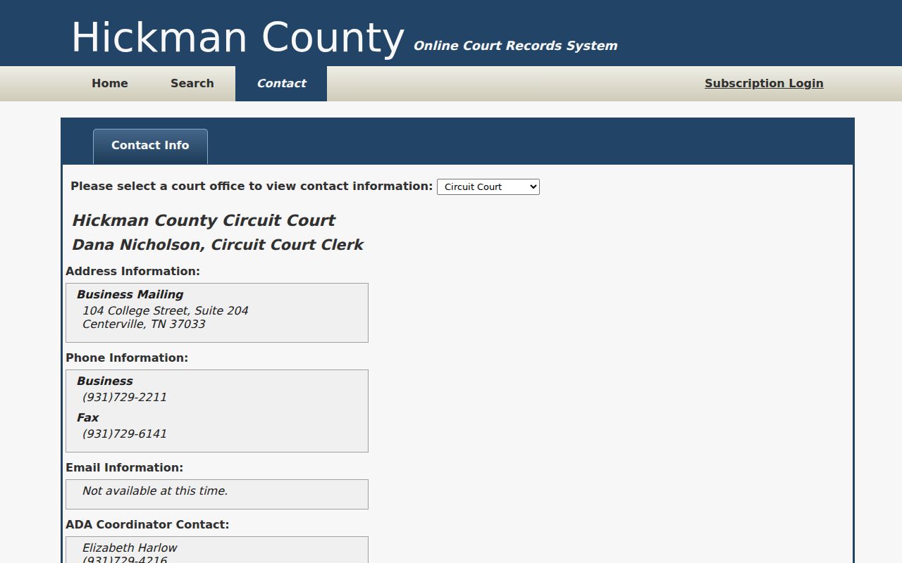 Contact page for the Hickman County court portal clerk