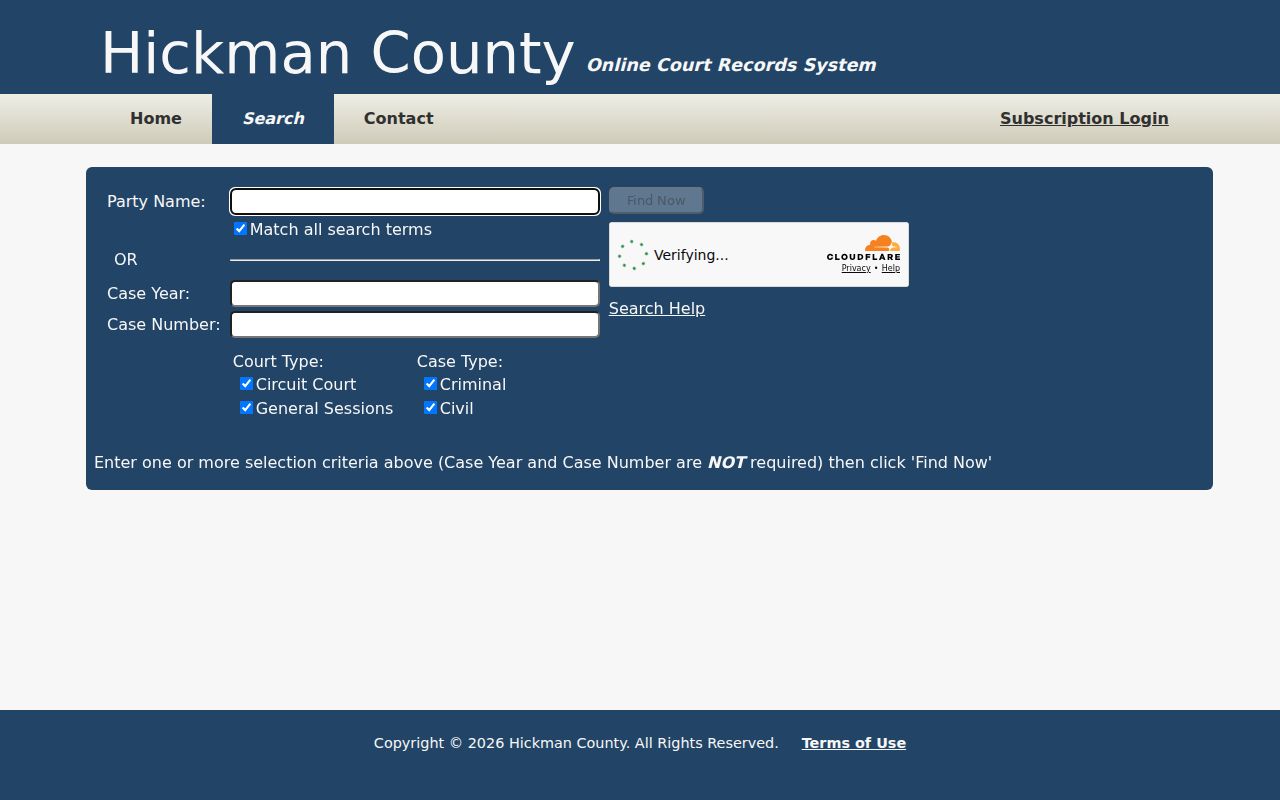 Hickman County court search showing party, year, case, and court filters