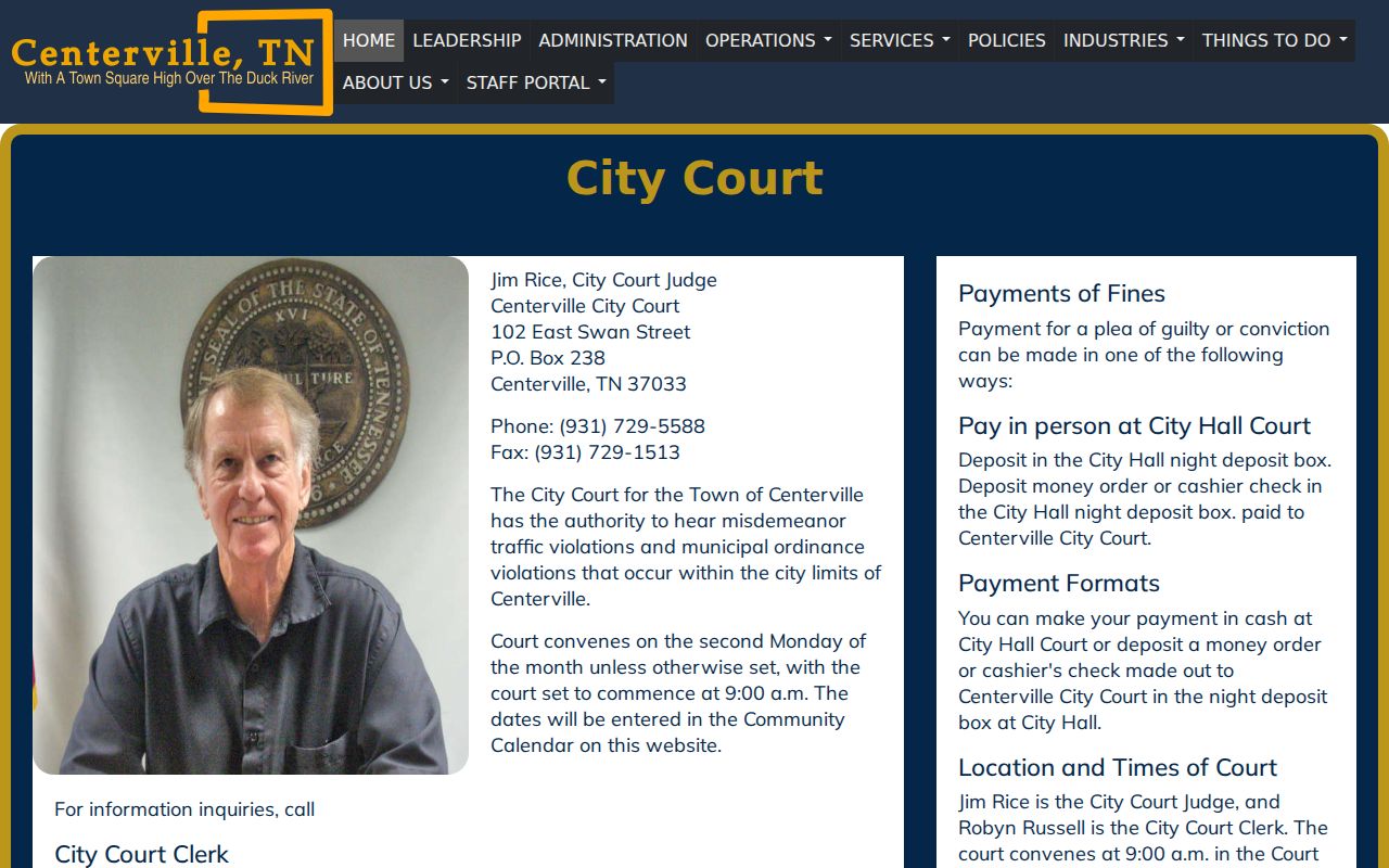 Centerville City Court jurisdiction, schedule, payment, and police contact page