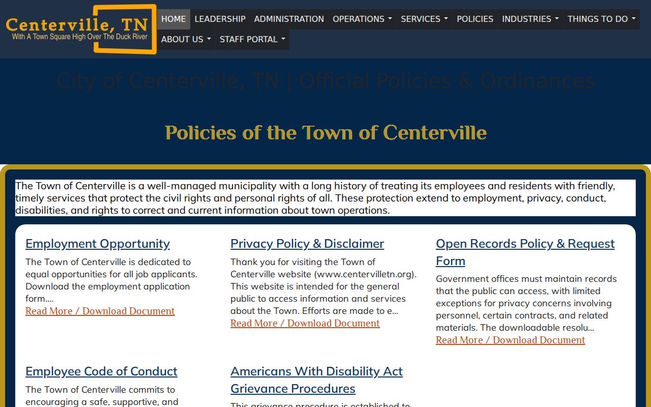 Centerville policies page linking to the Open Records Policy and request form