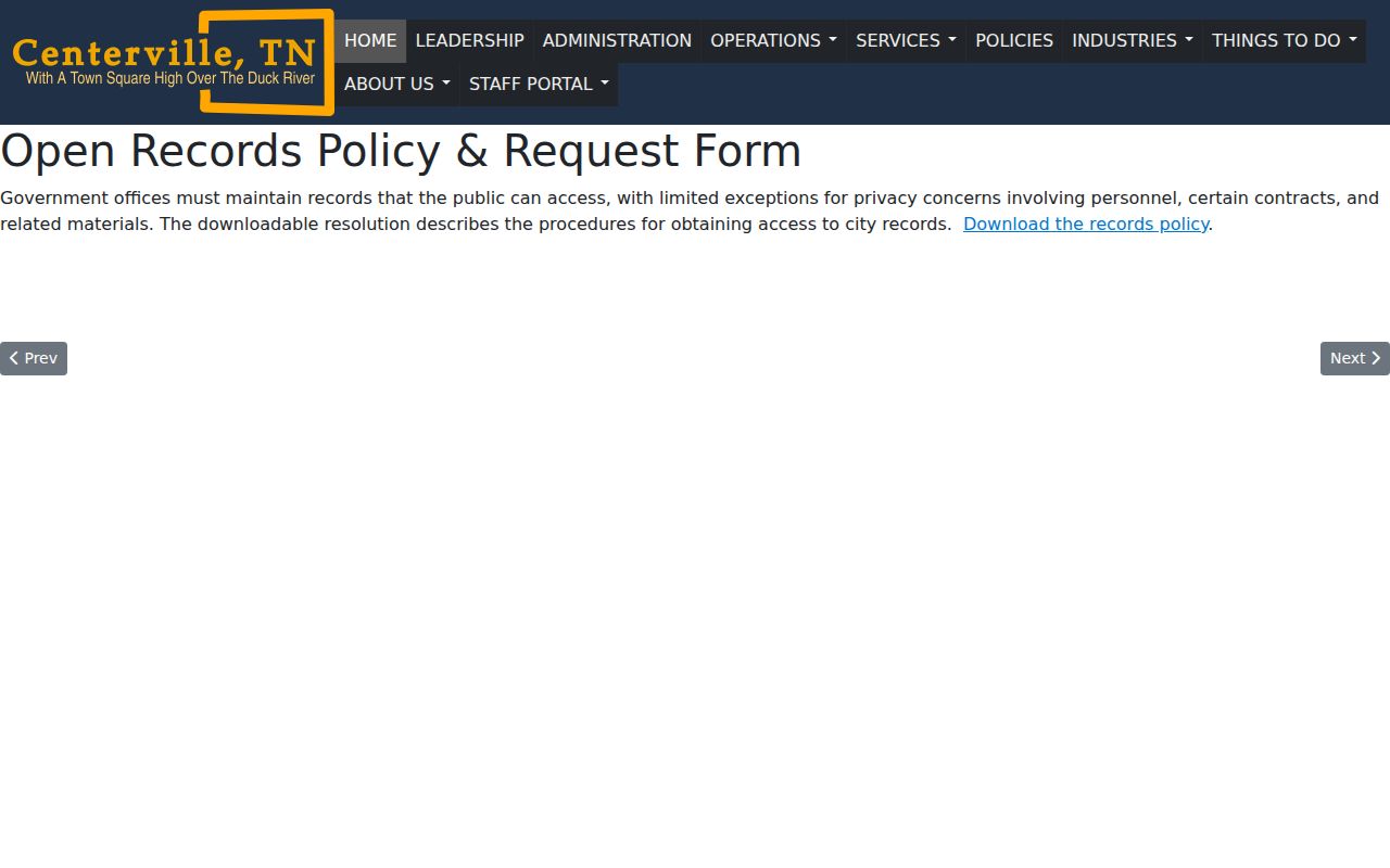 Centerville Open Records policy and request form article