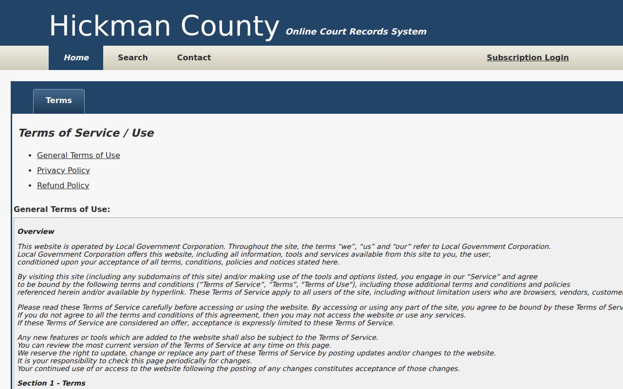 Hickman County court portal terms and search disclaimer page