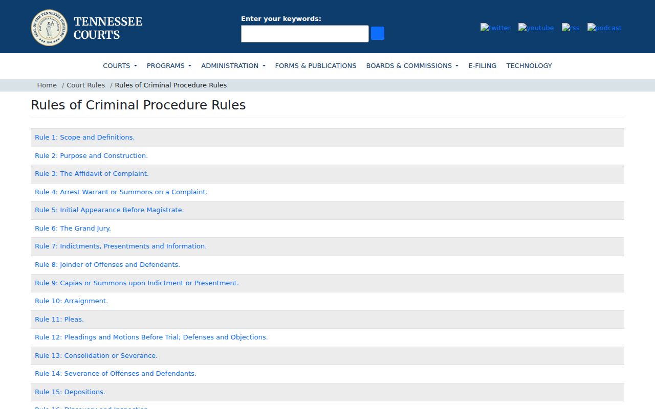Tennessee court rules index for criminal procedure