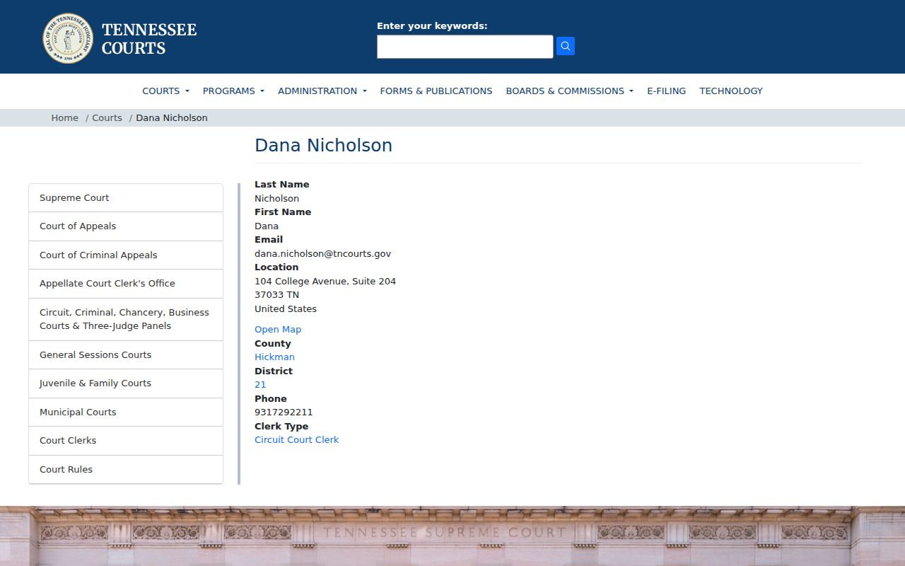 Tennessee Courts directory entry for Hickman County Circuit Court Clerk Dana Nicholson