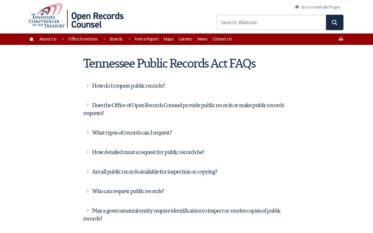 Tennessee Comptroller public-record FAQ about response and fee rules