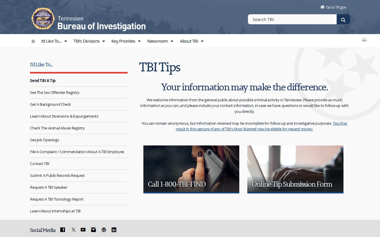 Tennessee Bureau of Investigation page describing public tip channels