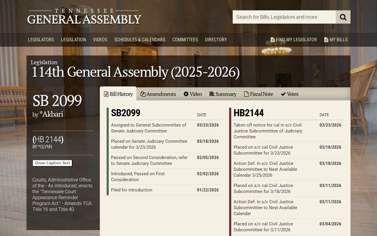 Tennessee General Assembly page showing the proposed court appearance reminder bill status