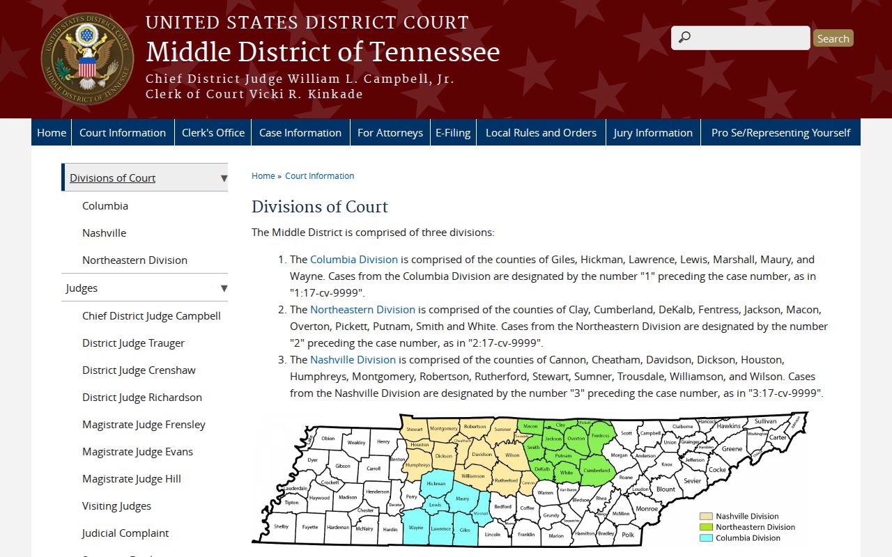 Middle District of Tennessee page listing counties served by the Columbia Division