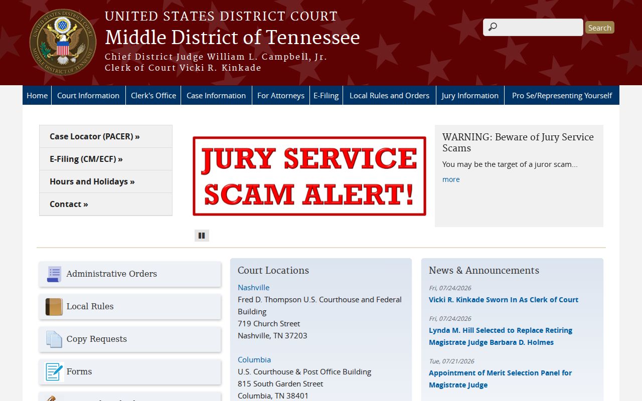 Middle District of Tennessee federal court district information