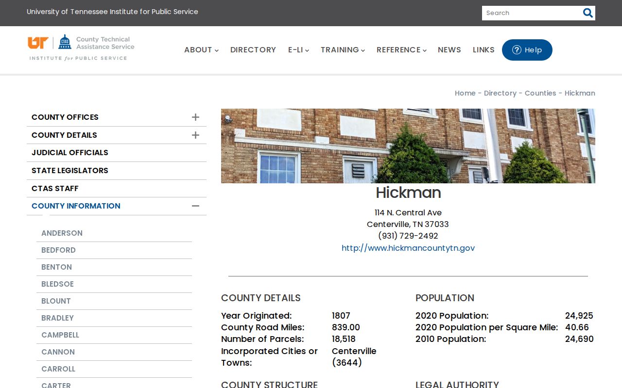 Tennessee county profile listing Hickman County and its incorporated town